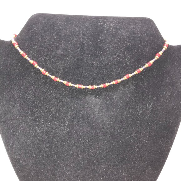 14" Long Red, Purple, and Gold Beaded Necklace - Picture 1 of 12